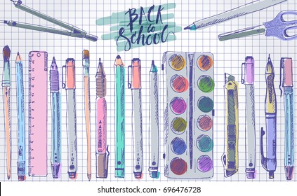 Hand Drawn Doodle Student Supplies. Colored Sketch Of Pen, Pencil, Ruler, Paints, Brush, Cutter, Circinus On Checked Paper. Back To School Lettering.