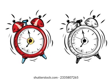 Hand Drawn Doodle Style Alarm Clock Set. Vector Alarm Clocks Set Isolated on White Background. Vintage Style alarm Clock Design Element. Ringing morning alarm clock drawn by hand. Old-fashioned Timer.