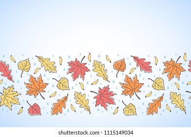 Hand drawn doodle style autumn, fall background with space for text. Horizontal seamless repeat border, frame made of maple, poplar, oak leaves, seeds and raindrops.