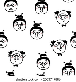 Handgezeichnet doodle-Stil Hintergrund menschliche Gesichter. Porträts verschiedener Männer und Frauen. Trendy Schwarz-Weiß Vektor nahtloses Muster.