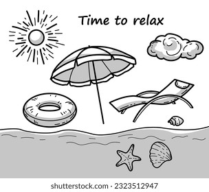 Hand drawn doodle style, beach theme, seaside vacation, lying in sun lounger. Relax, rest. Hand-drawn doodle style elements. Vector illustration