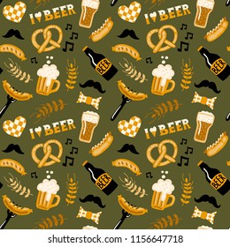 Hand drawn doodle style Beer and Food seamless pattern. Beer fest. Vector repeating wallpaper. 