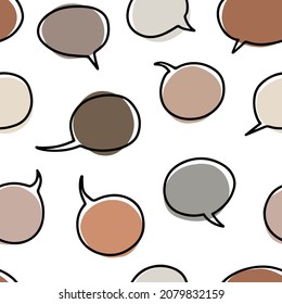 Hand drawn doodle style blank linear speech bubble set with colored background. Vector seamless pattern isolated on white.