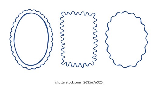 Hand drawn doodle style border frames with scalloped and wavy edges for decorative design elements, isolated on white background, vector illustration.