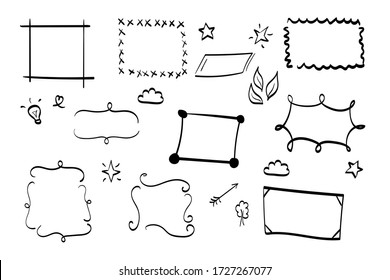 Hand drawn doodle style borders for decoration. Naive minimalist frame elements for wedding invitation, blog. Ink ornament dividers, leaves, arrow, stars collection isolated on white background.