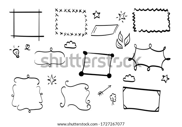 Hand drawn doodle style borders for
decoration. Naive minimalist frame elements for wedding invitation,
blog. Ink ornament dividers, leaves, arrow, stars collection
isolated on white
background.