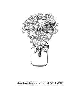 Hand drawn doodle style bouquet of succulents and flowers. isolated on white background. stock vector illustration