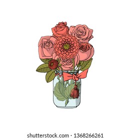 Hand drawn doodle style bouquets of different flowers, roses and dhalias. isolated on white background. stock vector illustration