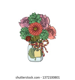 Hand drawn doodle style bouquets of different flowers: succulent,peony,dahlia. isolated on white background. stock vector illustration