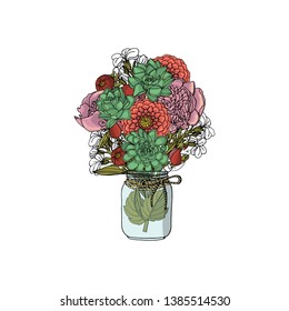 Hand drawn doodle style bouquets of different flowers: succulent,peony,dahlia,stock flower,sweet pea. isolated on white background. stock vector illustration