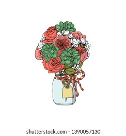 Hand drawn doodle style bouquets of different flowers: succulent,rose,stock flower. isolated on white background. stock vector illustration