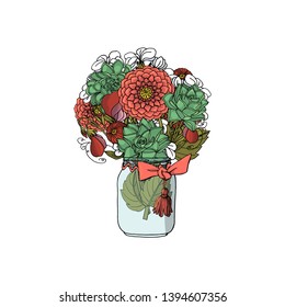 Hand drawn doodle style bouquets of different flowers: succulent,peony,dahlia,stock flower,sweet pea. isolated on white background. stock vector illustration