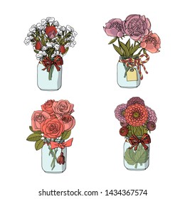 Hand drawn doodle style bouquets of different flowers: rose, dahlia, stock flower, sweet pea. isolated on white background. stock vector illustration