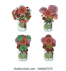 Hand drawn doodle style bouquets of different flowers: succulent, dahlia, stock flower, sweet pea, peony. isolated on white background. stock vector illustration