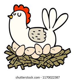 hand drawn doodle style cartoon chicken on nest of eggs