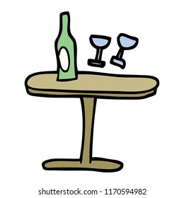 hand drawn doodle style cartoon table with bottle and glasses