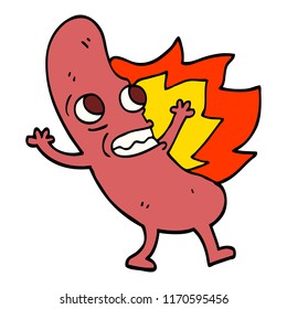 hand drawn doodle style cartoon flaming hotdog
