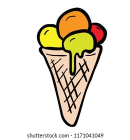 hand drawn doodle style cartoon melting ice cream cone