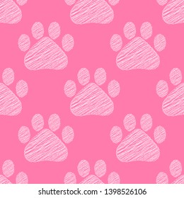 Hand drawn doodle style cat footprint seamless background texture. Vector illustration.