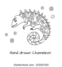 Hand drawn doodle style chameleon with mechanic details inside. Robot chameleon animal. Black and white sketch. Kids cartoon style. Vector stock illustration. Coloring book template. 