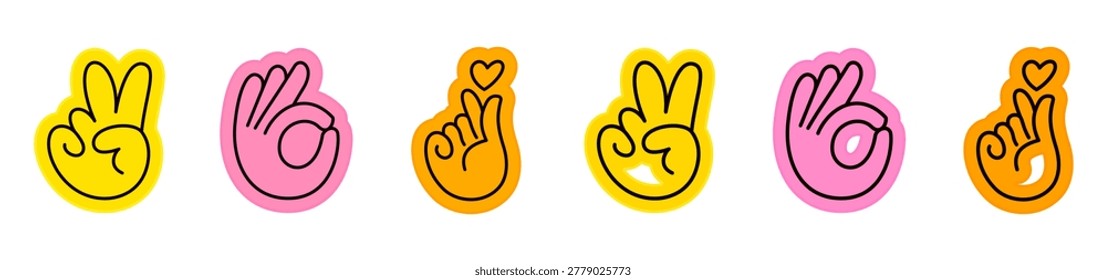 Hand drawn doodle style character hands and gestures sticker icon collection. Winner finger, peace badges, victory hand peace, v, hand ok, yes fingers, Korean heart hand gesture. Vector illustration