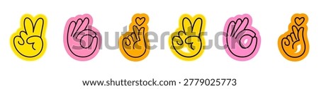 Hand drawn doodle style character hands and gestures sticker icon collection. Winner finger, peace badges, victory hand peace, v, hand ok, yes fingers, Korean heart hand gesture. Vector illustration