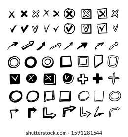 Hand drawn doodle style check mark set isolated on white background - check box and symbol collection with arrows, circles and squares. Flat vector illustration