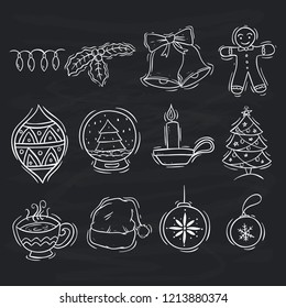 hand drawn or doodle style of christmas icons on chalkboard background