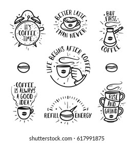 Hand drawn doodle style coffee posters set. Hand crafted design elements for prints, wall decoration advertising. Coffee shop labels collection. Quotes about coffee. Vintage vector illustration.