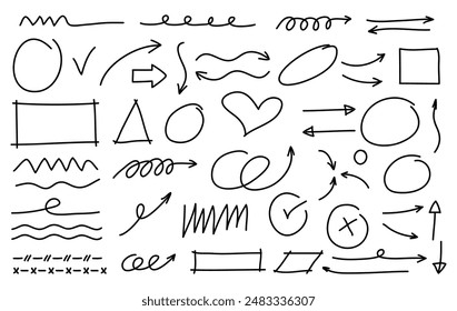 Hand drawn doodle style collection of arrows,heart,zigzag, circle and shape collection