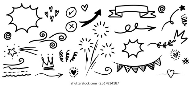 Hand drawn doodle style collection of heart, scribble, star, check mark, spirals, arrow, highlight, speech bubble, underline, diamond, sparkles, leaves, wind, lightning, and emphasis element.