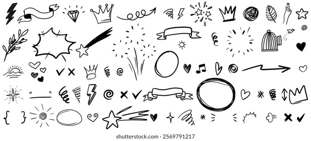 Hand drawn doodle style collection of heart, scribble, star, check mark, spirals, arrow, highlight, speech bubble, underline, diamond, sparkles, leaves, wind, lightning, and emphasis element.