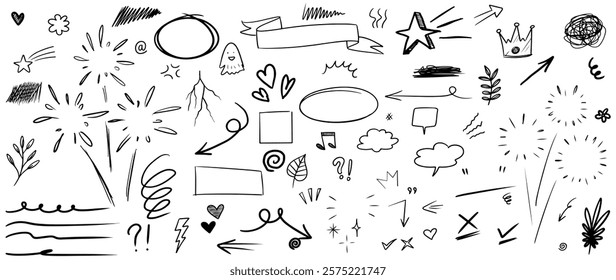 Hand drawn doodle style collection of heart, scribble, star, check mark, spirals, arrow, highlight, speech bubble, underline, sparkles, leaves, wind, lightning, and emphasis element.