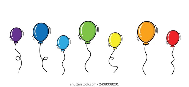 Hand Drawn Doodle Style Colorful Balloons Collection Isolated on White Background. Vintage Style Party or Birthday Balloons Illustrations Set. Hand drawn balloons doodle icon design elements.