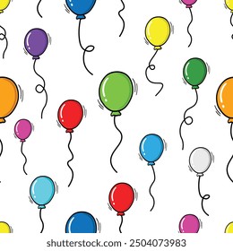 Hand Drawn Doodle Style Colorful Balloons Seamless Pattern Isolated on White Background. Vintage Style Party or Birthday Balloons Illustrations Set. Hand drawn balloons doodle icon design elements.