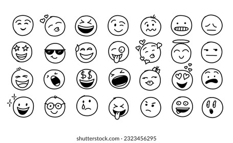 Hand drawn doodle style. comic line. doodle emoji face icon set. emoji with different emotion mood. art vector illustration. Vector illustration