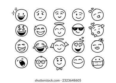 Hand drawn doodle style. comic line. doodle emoji face icon set. emoji with different emotion mood. art vector illustration. Vector illustration