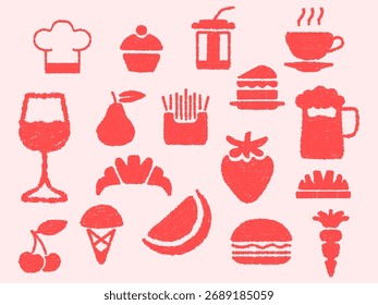 Dibujado a mano estilo doodle crayón vector iconos conjunto de comida rápida y bocadillos de frutas