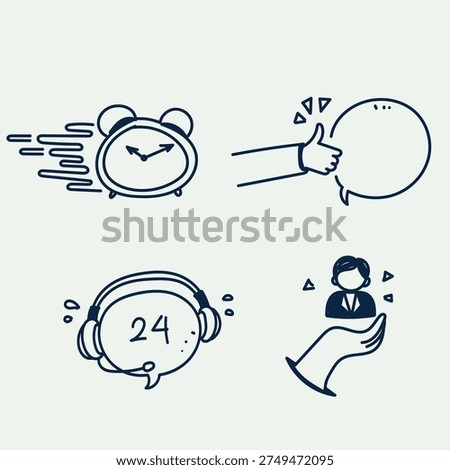 Hand drawn doodle style customer service and 24 hours fast support icon set