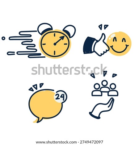 Hand drawn doodle style customer service and 24 hours fast support icon set