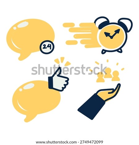 Hand drawn doodle style customer service and 24 hours fast support icon set