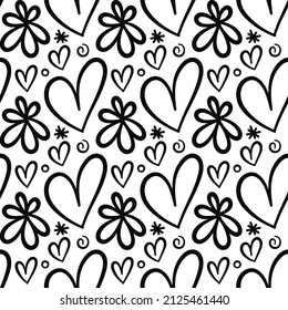 Patrón de fondo de flores de margarita con estilo de doodle dibujado a mano con corazones de amor.
