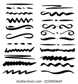 Hand drawn doodle style design elements. Line, wave, zigzag, brush strokes separator. Markers, signs and symbols black on white background. Simple sketch accents for text vector illustration