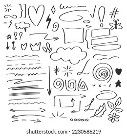 Hand drawn doodle style design elements set. Arrows, brush strokes, markers, signs and symbols isolated in black on white background. Simple sketch accents for text vector illustration