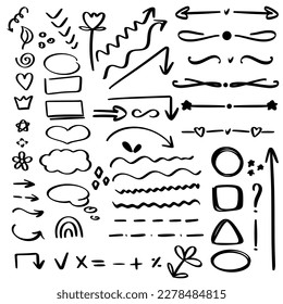 Hand drawn doodle style design elements. Arrows, brush strokes, markers, signs and symbols isolated in black on white background. Simple sketch accents for text, vector illustration set