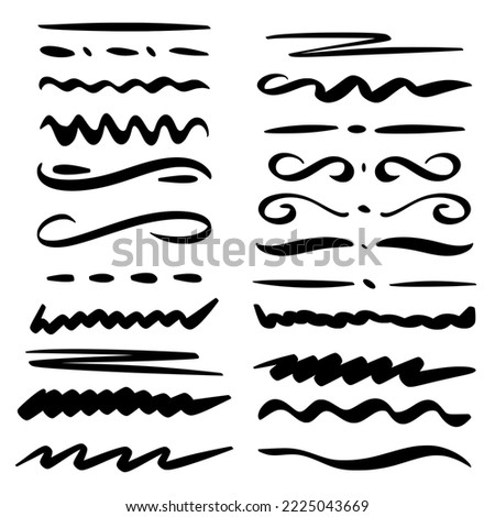 Hand drawn doodle style design elements. Line, wave, zigzag, brush strokes separator. Markers, signs and symbols black on white background. Simple sketch accents for text vector illustration