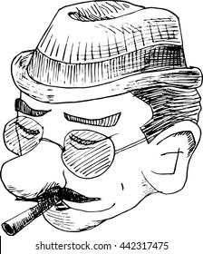 Hand Drawn Doodle Style Detective Funny Face. Englishman. Doodle styled male face. 