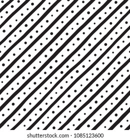 Hand drawn doodle style diagonal stripes and dots seamless repeat pattern. Uneven oblique, tilted, inclined bars and round spots background. Abstract streaks, strips and blobs black and white texture.
