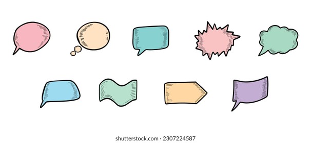 Hand drawn doodle style different shape speech bubbles set. Empty templates. Retro pastel speech bubbles doodle icons set on white background. Vector isolated icons. Think Have Idea Speak Plan Dream.