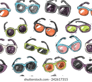 Hand drawn doodle style, different sunglasses types, seamless pattern.